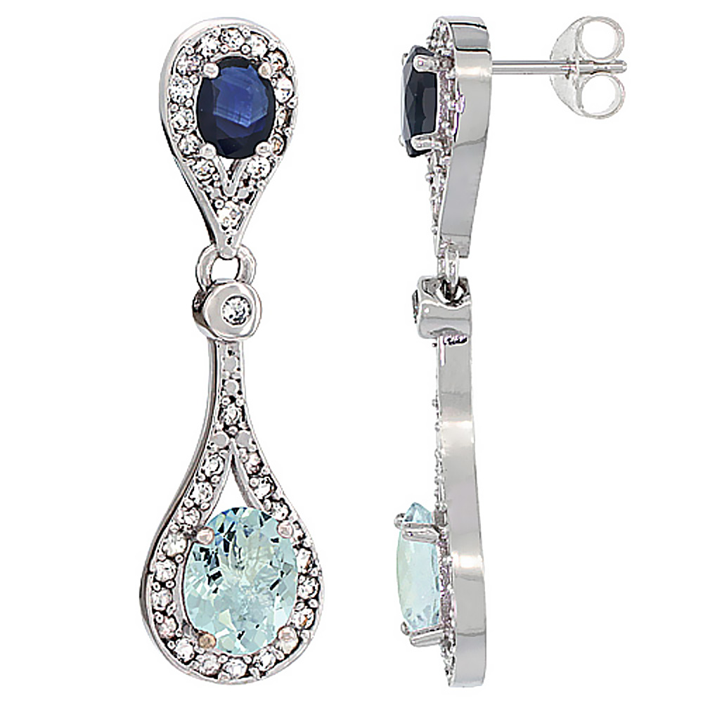 14K WHITE GOLD NATURAL AQUAMARINE & BLUE SAPPHIRE OVAL DANGLING EARRINGS WHITE SAPPHIRE & DIAMOND ACCENTS, 1 3/8 INCHES LONG