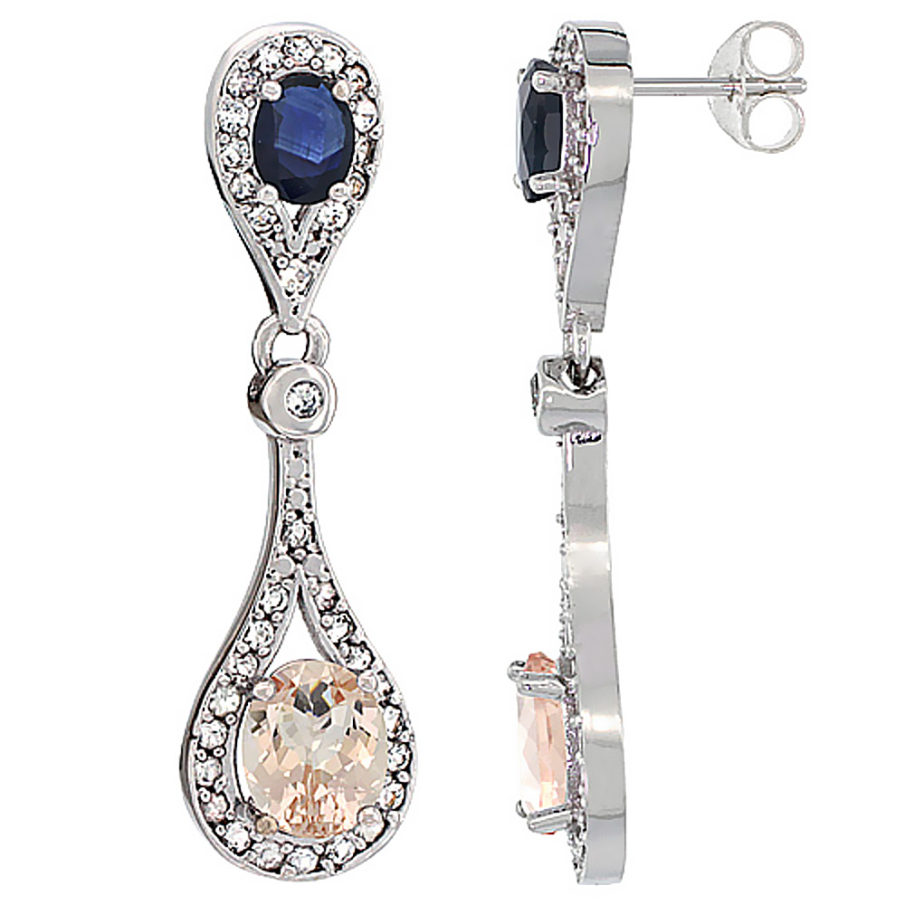 14K WHITE GOLD NATURAL MORGANITE & BLUE SAPPHIRE OVAL DANGLING EARRINGS WHITE SAPPHIRE & DIAMOND ACCENTS, 1 3/8 INCHES LONG
