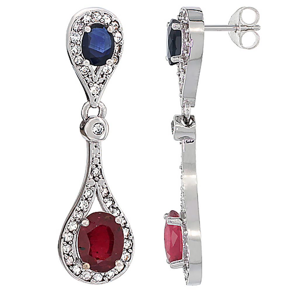 14K WHITE GOLD ENHANCED RUBY & BLUE SAPPHIRE OVAL DANGLING EARRINGS WHITE SAPPHIRE & DIAMOND ACCENTS, 1 3/8 INCHES LONG