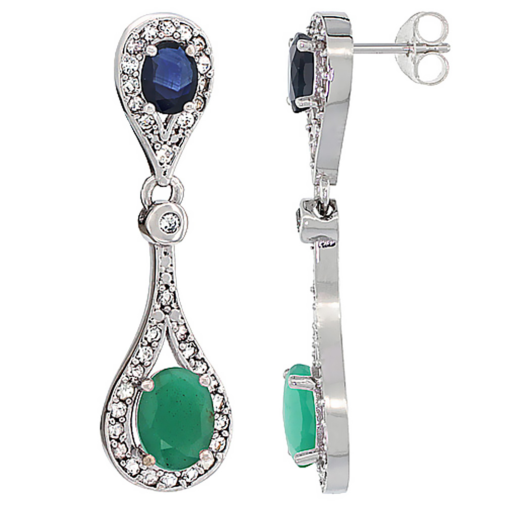14K WHITE GOLD NATURAL EMERALD & BLUE SAPPHIRE OVAL DANGLING EARRINGS WHITE SAPPHIRE & DIAMOND ACCENTS, 1 3/8 INCHES LONG