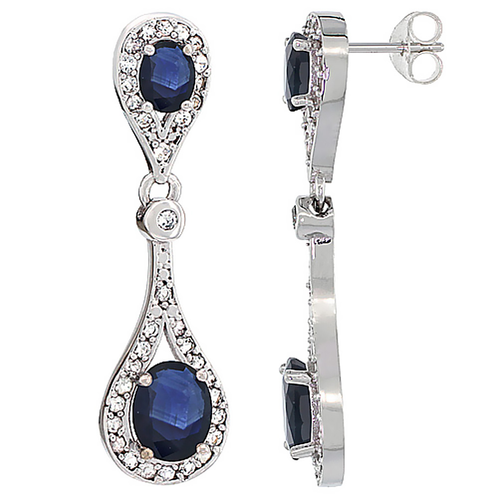 14K White Gold Natural Blue Sapphire Oval Dangling Earrings White Sapphire & Diamond Accents, 1 3/8 inches long