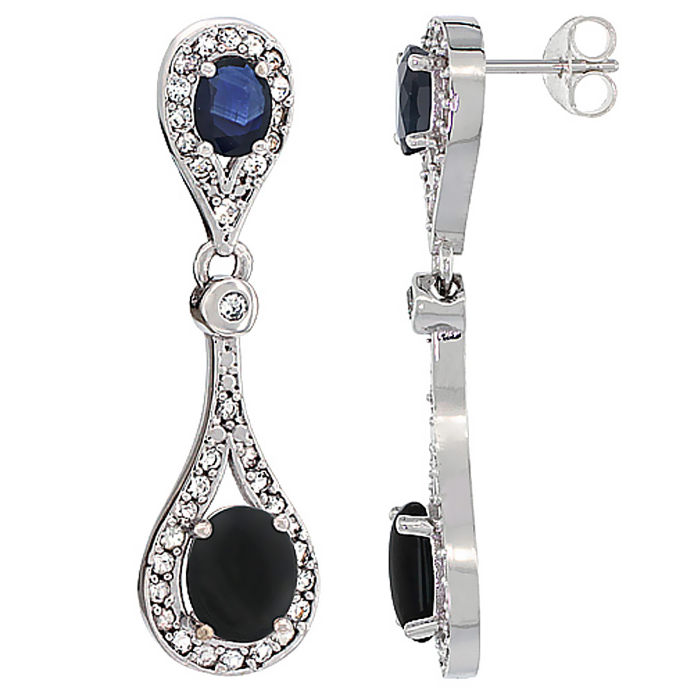 14K WHITE GOLD NATURAL BLACK ONYX & BLUE SAPPHIRE OVAL DANGLING EARRINGS WHITE SAPPHIRE & DIAMOND ACCENTS, 1 3/8 INCHES LONG