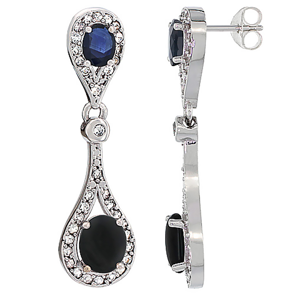 10K White Gold Natural Black Onyx & Blue Sapphire Oval Dangling Earrings White Sapphire & Diamond Accents, 1 3/8 inches long