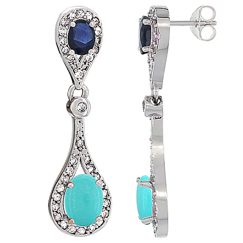 14K WHITE GOLD NATURAL TURQUOISE & BLUE SAPPHIRE OVAL DANGLING EARRINGS WHITE SAPPHIRE & DIAMOND ACCENTS, 1 3/8 INCHES LONG