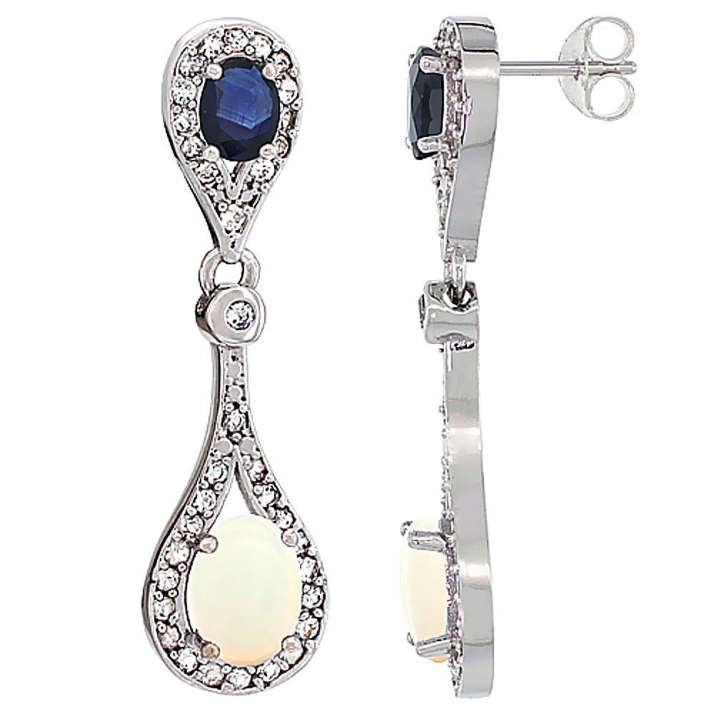 14K WHITE GOLD NATURAL OPAL & BLUE SAPPHIRE OVAL DANGLING EARRINGS WHITE SAPPHIRE & DIAMOND ACCENTS, 1 3/8 INCHES LONG