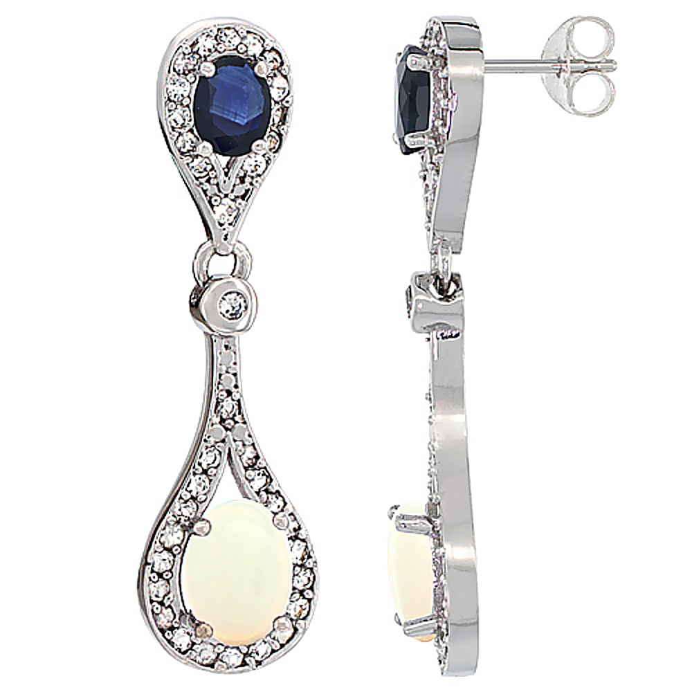 14K White Gold Natural Opal & Blue Sapphire Oval Dangling Earrings White Sapphire & Diamond Accents, 1 3/8 inches long