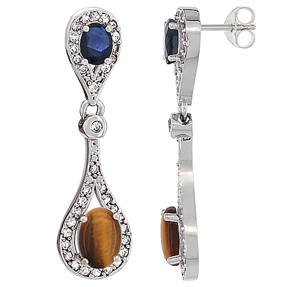 14K WHITE GOLD NATURAL TIGER EYE & BLUE SAPPHIRE OVAL DANGLING EARRINGS WHITE SAPPHIRE & DIAMOND ACCENTS, 1 3/8 INCHES LONG