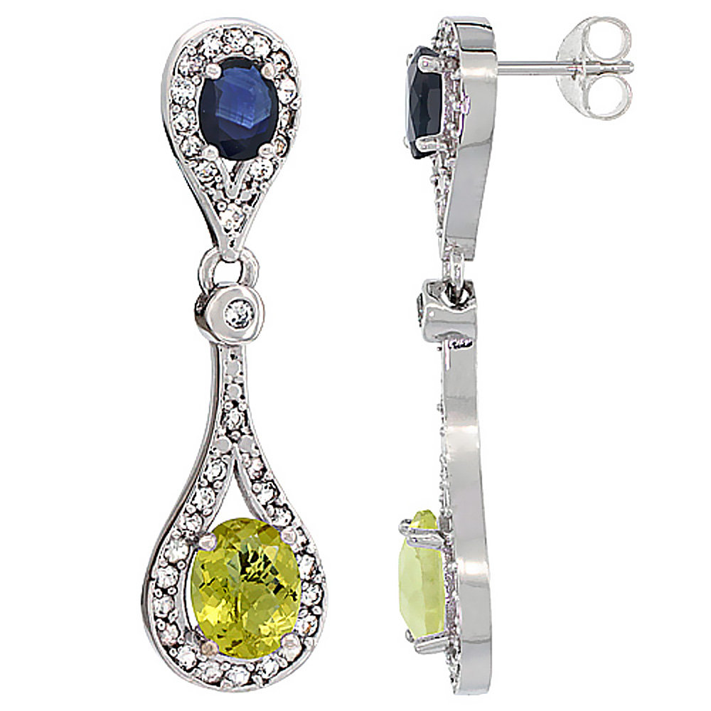 14K WHITE GOLD NATURAL LEMON QUARTZ & BLUE SAPPHIRE OVAL DANGLING EARRINGS WHITE SAPPHIRE & DIAMOND ACCENTS, 1 3/8 INCHES LONG