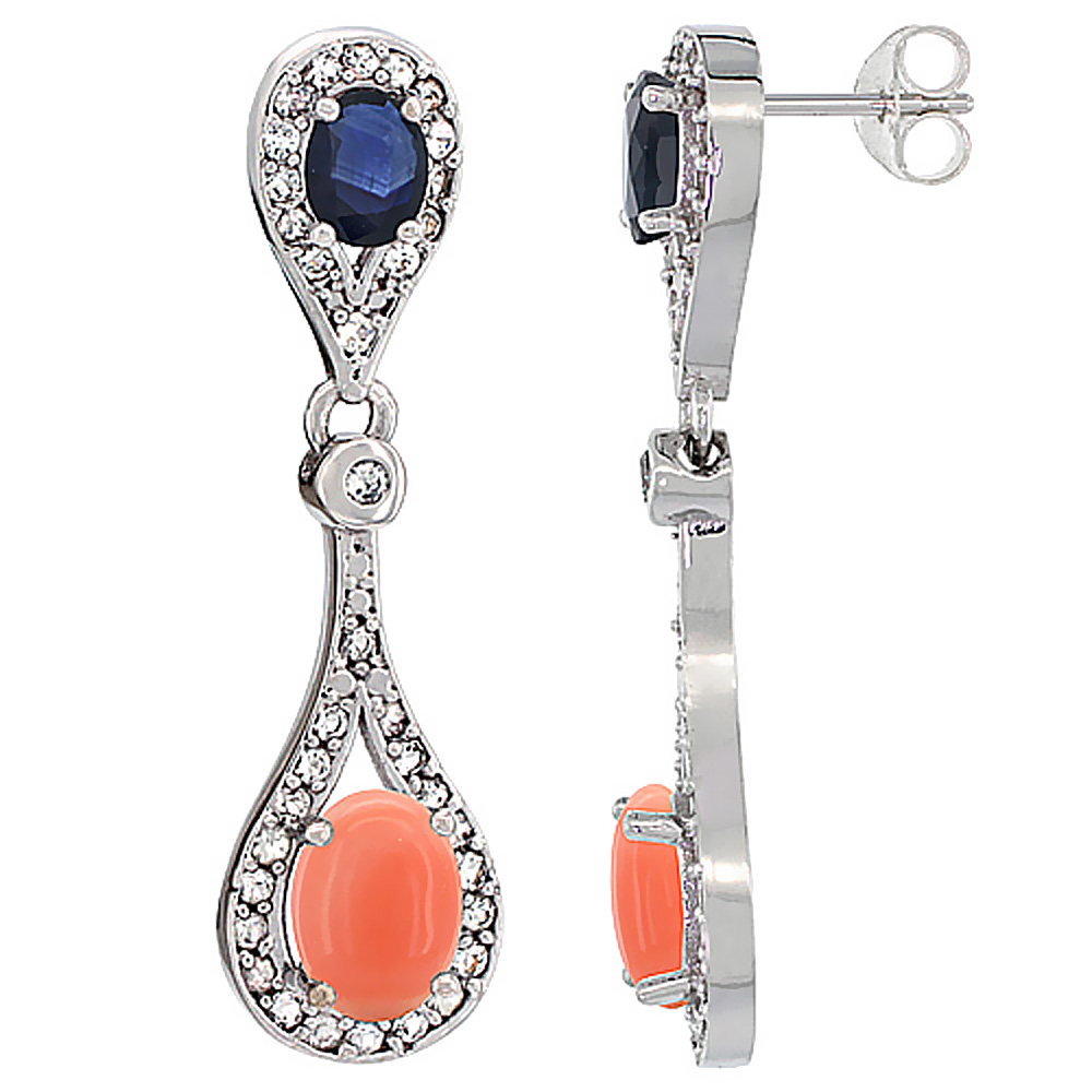 14K WHITE GOLD NATURAL CORAL & BLUE SAPPHIRE OVAL DANGLING EARRINGS WHITE SAPPHIRE & DIAMOND ACCENTS, 1 3/8 INCHES LONG