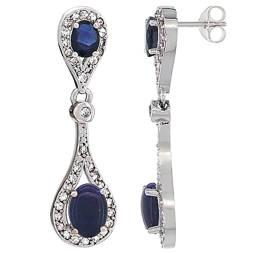14K White Gold Natural Lapis &amp; Blue Sapphire Oval Dangling Earrings White Sapphire &amp; Diamond Accents, 1 3/8 inches long