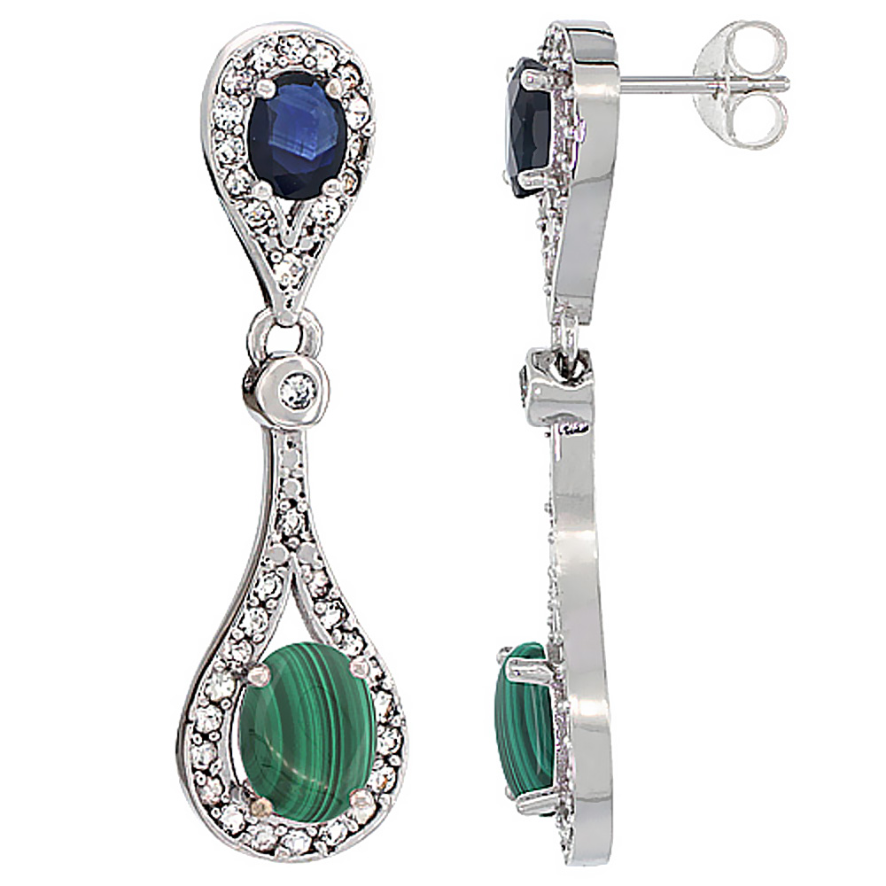 14K WHITE GOLD NATURAL MALACHITE & BLUE SAPPHIRE OVAL DANGLING EARRINGS WHITE SAPPHIRE & DIAMOND ACCENTS, 1 3/8 INCHES LONG