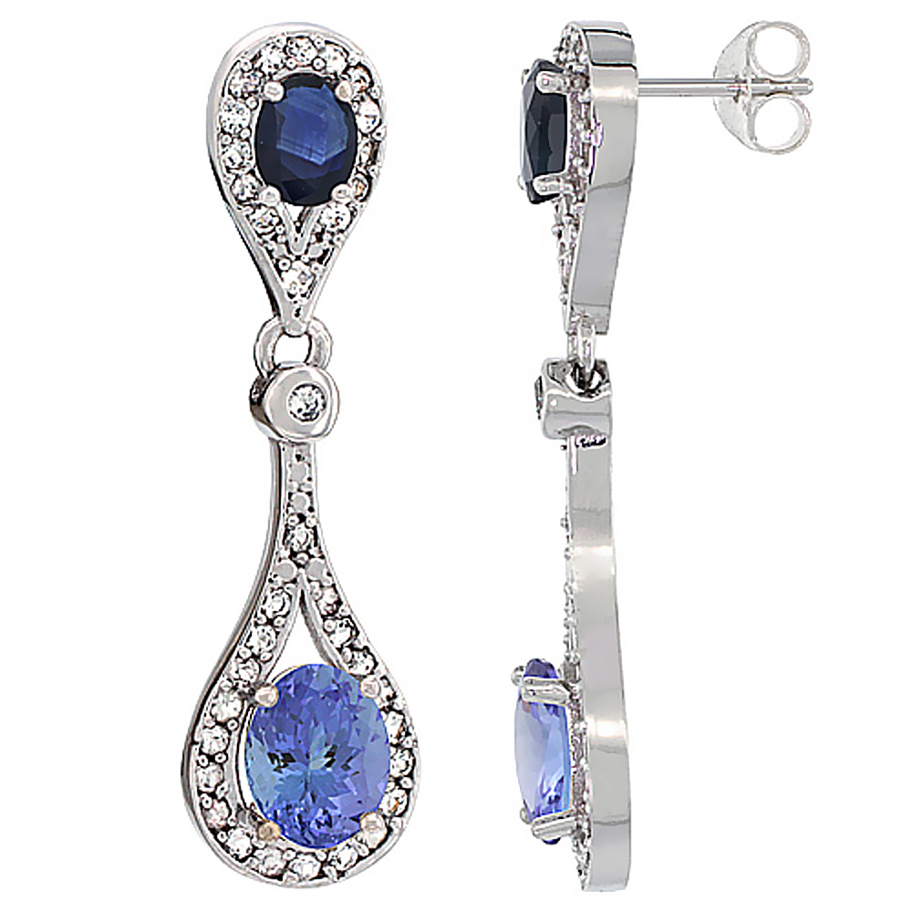 14K WHITE GOLD NATURAL TANZANITE & BLUE SAPPHIRE OVAL DANGLING EARRINGS WHITE SAPPHIRE & DIAMOND ACCENTS, 1 3/8 INCHES LONG