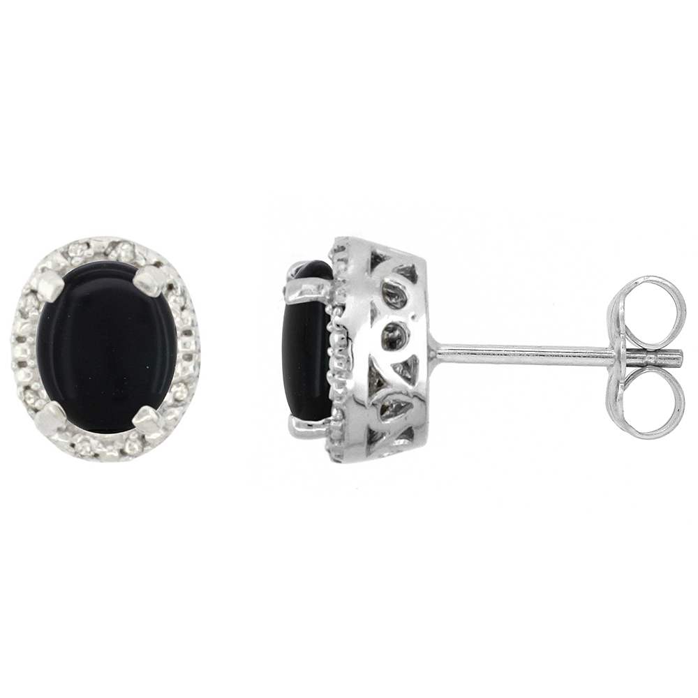 10K White Gold Diamond Halo Natural Black Onyx Stud Earrings Oval 7x5 mm