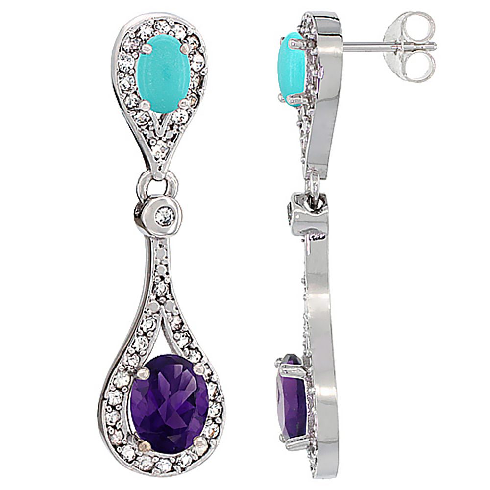 14K WHITE GOLD NATURAL AMETHYST & TURQUOISE OVAL DANGLING EARRINGS WHITE SAPPHIRE & DIAMOND ACCENTS, 1 3/8 INCHES LONG