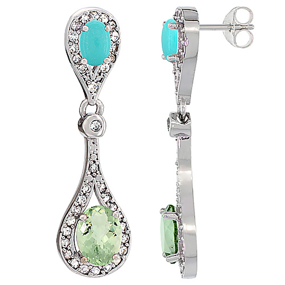 14K WHITE GOLD NATURAL GREEN AMETHYST & TURQUOISE OVAL DANGLING EARRINGS WHITE SAPPHIRE & DIAMOND ACCENTS, 1 3/8 INCHES LONG