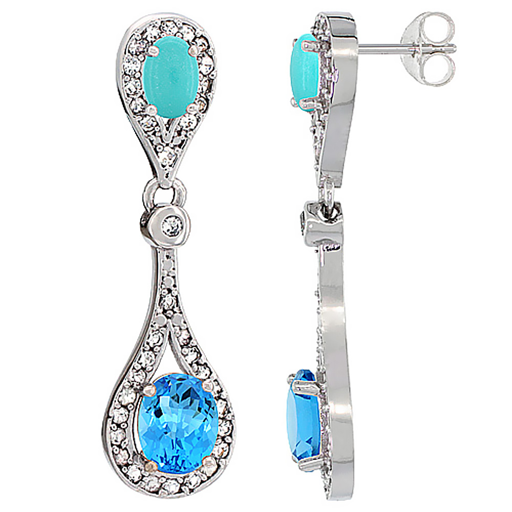 14K WHITE GOLD NATURAL SWISS BLUE TOPAZ & TURQUOISE OVAL DANGLING EARRINGS WHITE SAPPHIRE & DIAMOND ACCENTS, 1 3/8 INCHES LONG