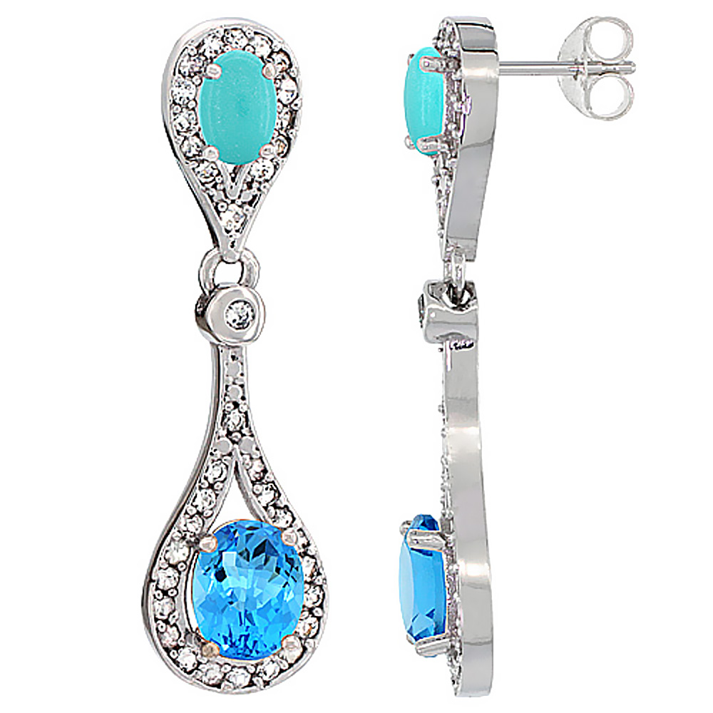 10K White Gold Natural Swiss Blue Topaz & Turquoise Oval Dangling Earrings White Sapphire & Diamond Accents, 1 3/8 inches long