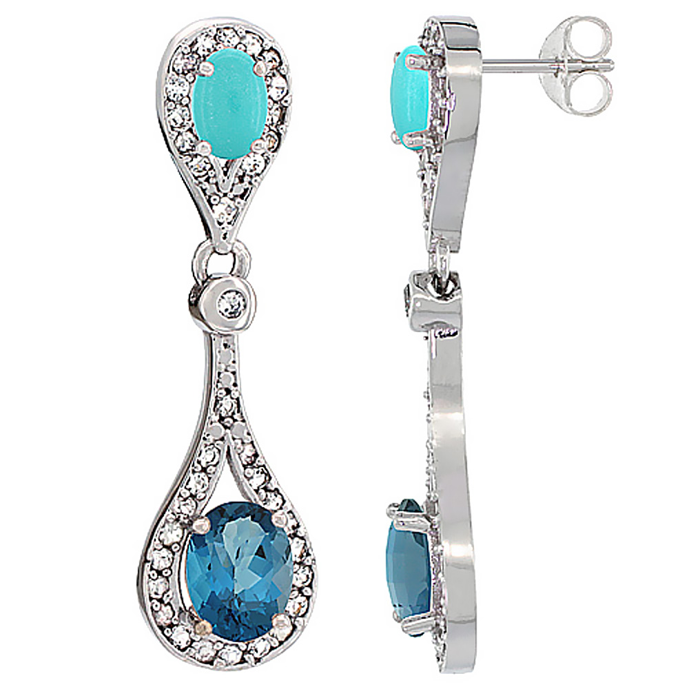 14K WHITE GOLD NATURAL LONDON BLUE TOPAZ & TURQUOISE OVAL DANGLING EARRINGS WHITE SAPPHIRE & DIAMOND ACCENTS, 1 3/8 INCHES LONG