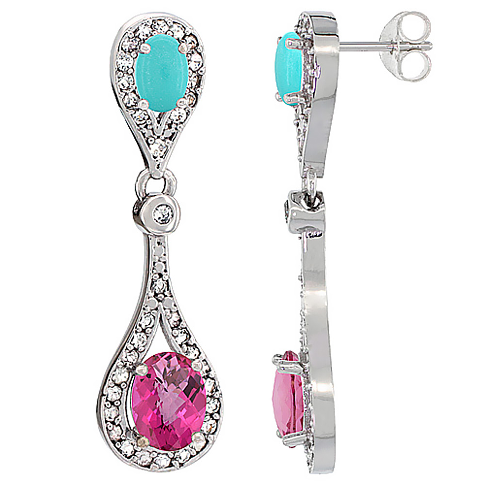 14K WHITE GOLD NATURAL PINK TOPAZ & TURQUOISE OVAL DANGLING EARRINGS WHITE SAPPHIRE & DIAMOND ACCENTS, 1 3/8 INCHES LONG