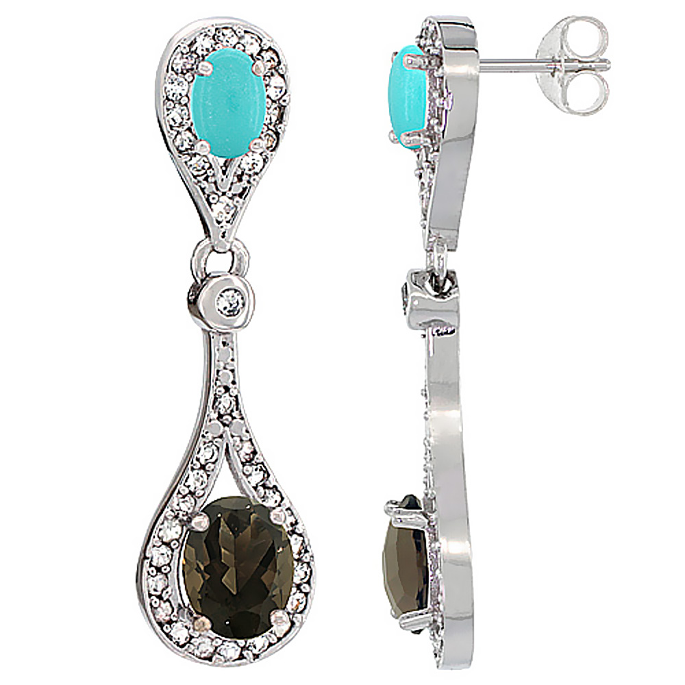 14K White Gold Natural Smoky Topaz &amp; Turquoise Oval Dangling Earrings White Sapphire &amp; Diamond Accents, 1 3/8 inches long