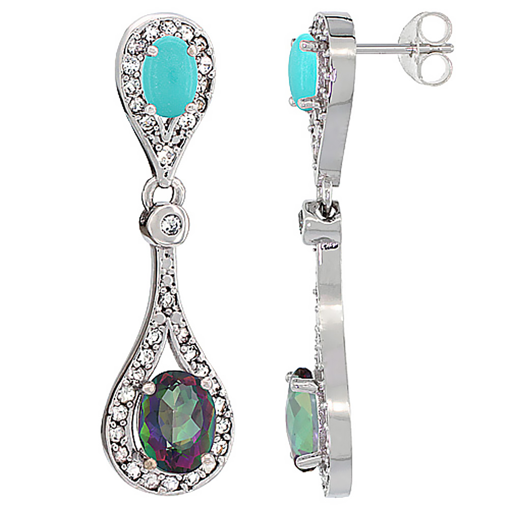 14K WHITE GOLD NATURAL MYSTIC TOPAZ & TURQUOISE OVAL DANGLING EARRINGS WHITE SAPPHIRE & DIAMOND ACCENTS, 1 3/8 INCHES LONG