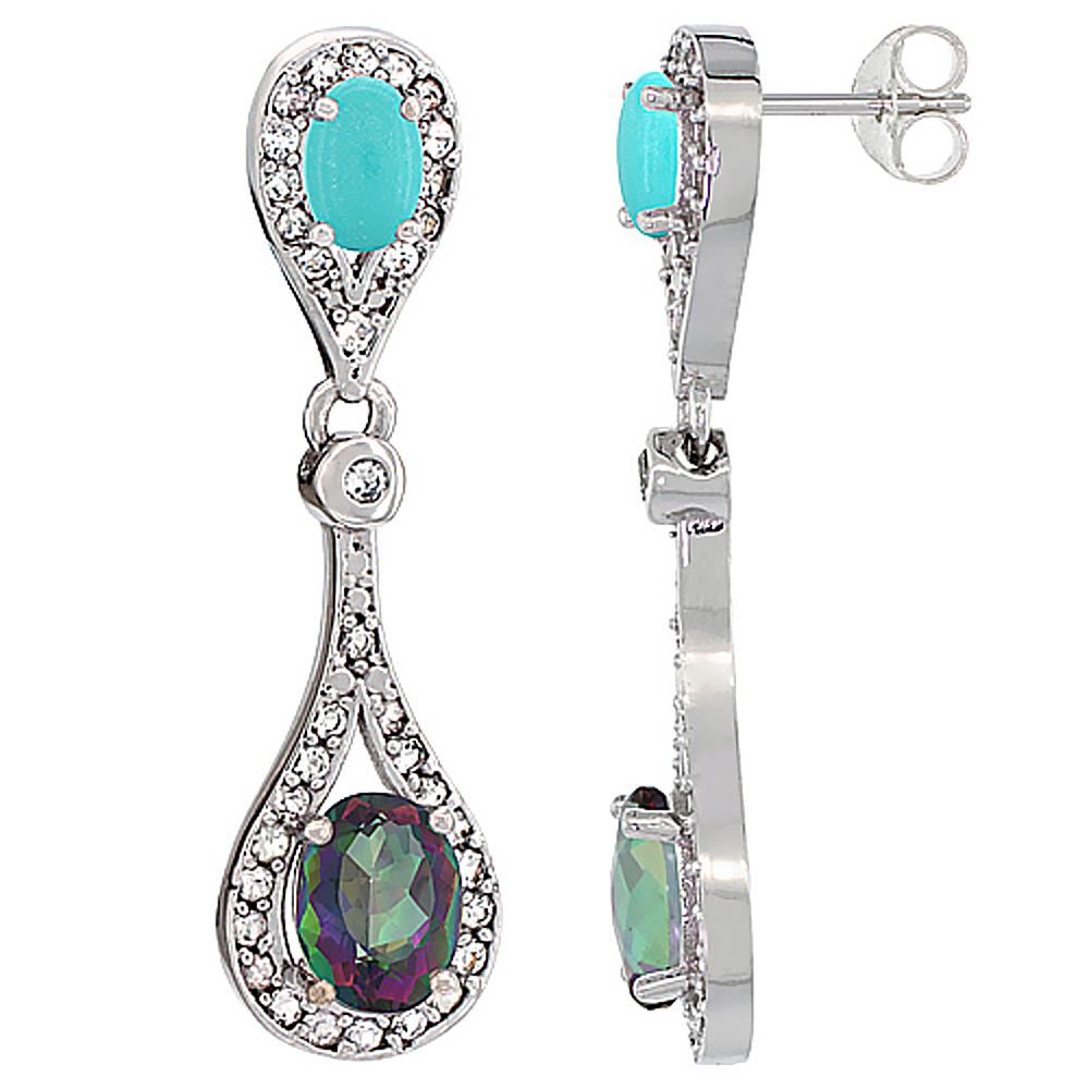 14K White Gold Natural Mystic Topaz &amp; Turquoise Oval Dangling Earrings White Sapphire &amp; Diamond Accents, 1 3/8 inches long