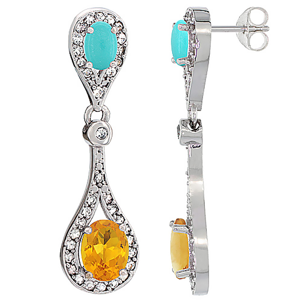 14K WHITE GOLD NATURAL CITRINE & TURQUOISE OVAL DANGLING EARRINGS WHITE SAPPHIRE & DIAMOND ACCENTS, 1 3/8 INCHES LONG