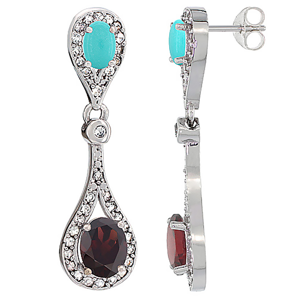 14K WHITE GOLD NATURAL GARNET & TURQUOISE OVAL DANGLING EARRINGS WHITE SAPPHIRE & DIAMOND ACCENTS, 1 3/8 INCHES LONG