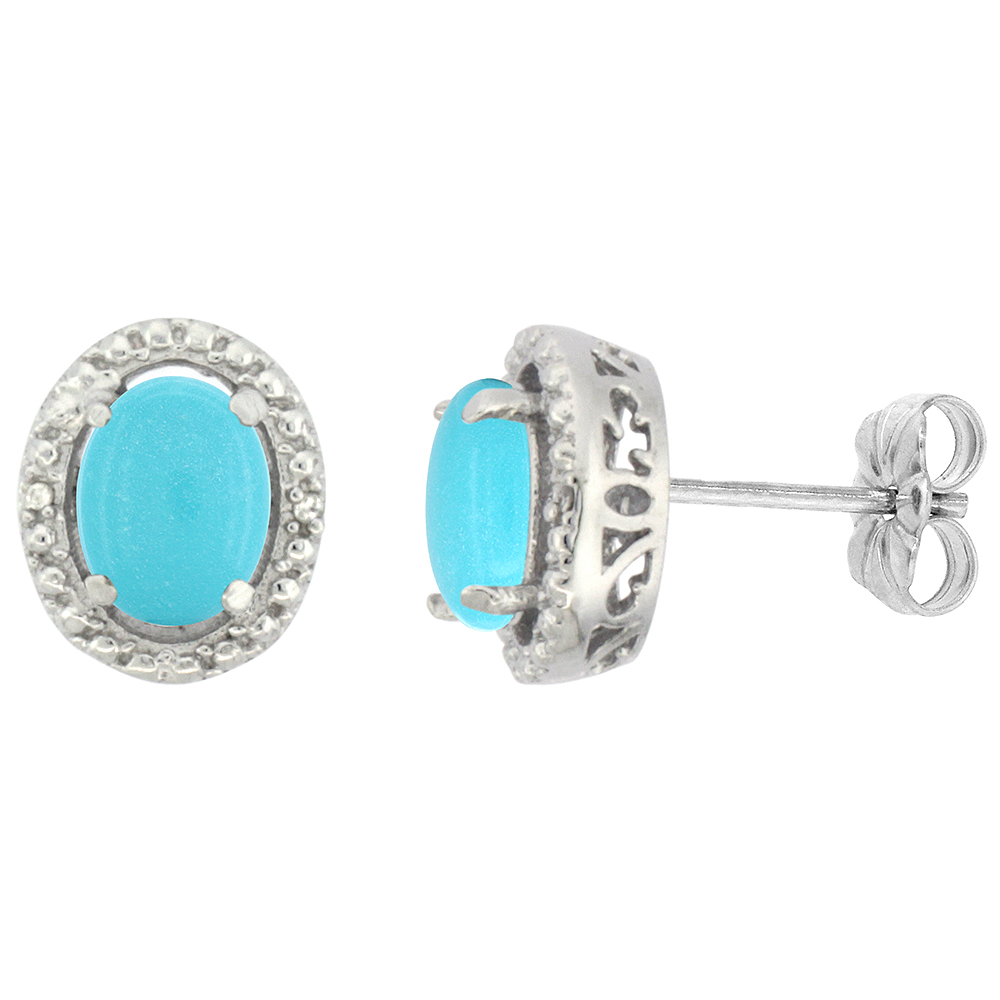 10K White Gold 0.01 cttw Diamond Natural Turquoise Post Earrings Oval 7x5 mm