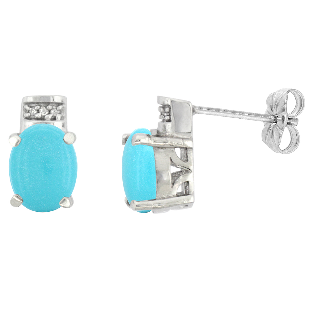 10K WHITE GOLD DIAMOND NATURAL TURQUOISE EARRINGS OVAL 8X6 MM