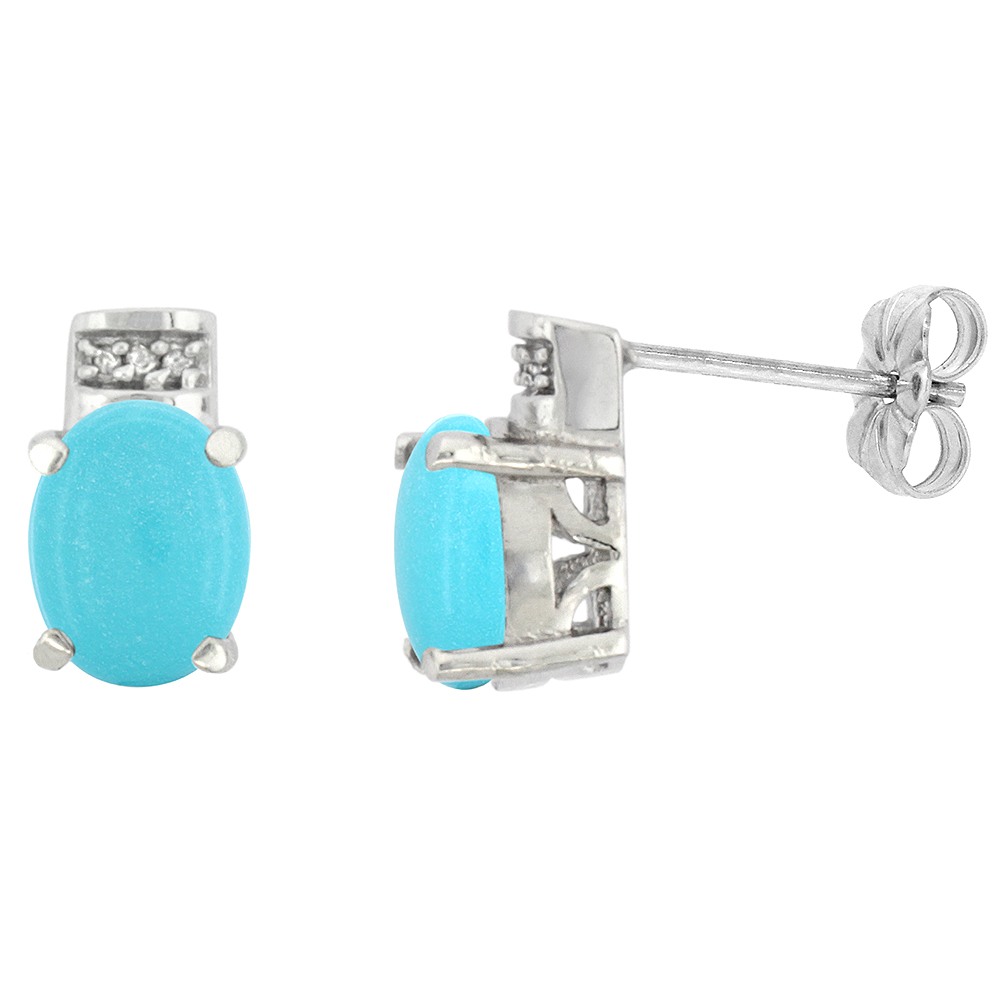 10K White Gold Diamond Natural Turquoise Earrings Oval 8x6 mm