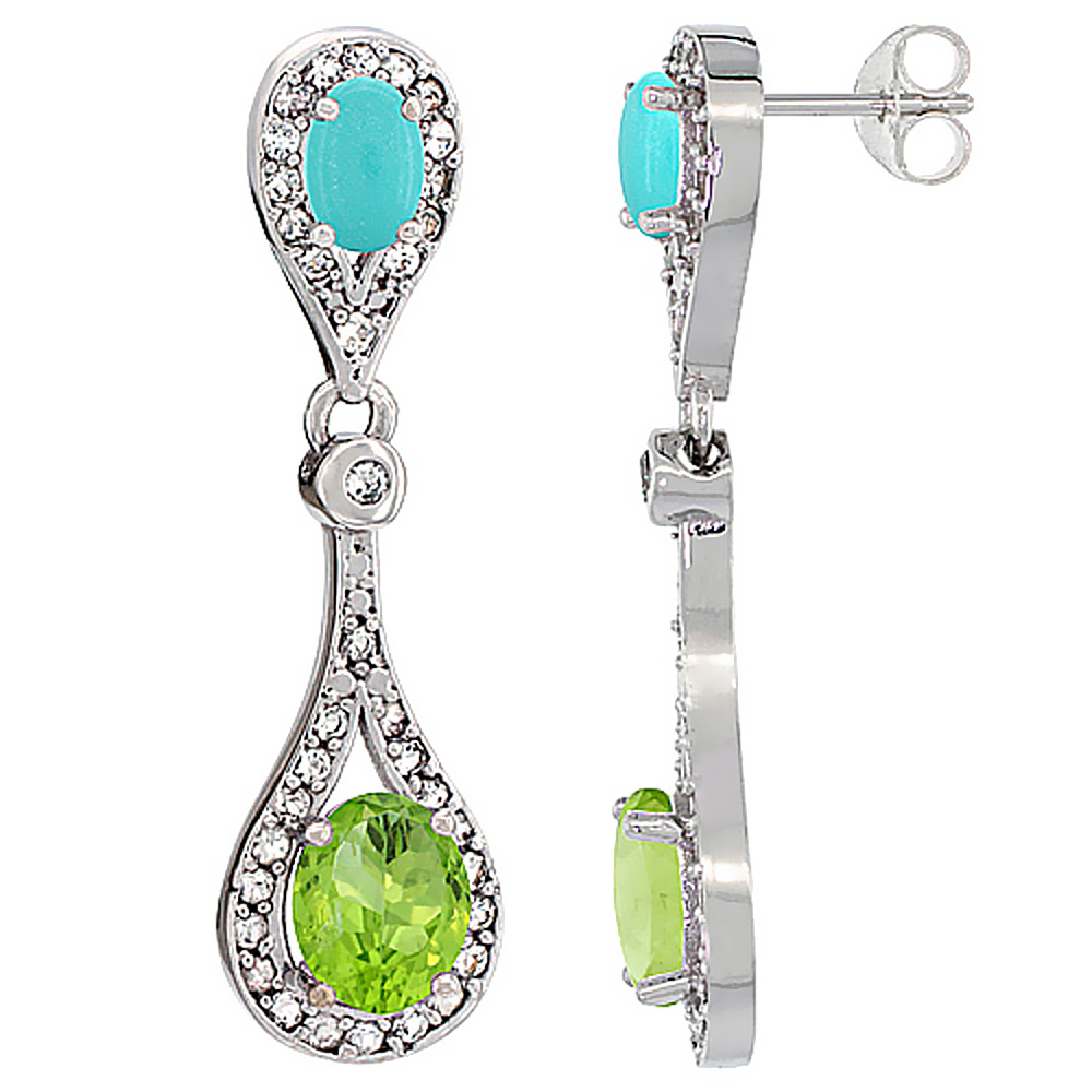 14K WHITE GOLD NATURAL PERIDOT & TURQUOISE OVAL DANGLING EARRINGS WHITE SAPPHIRE & DIAMOND ACCENTS, 1 3/8 INCHES LONG