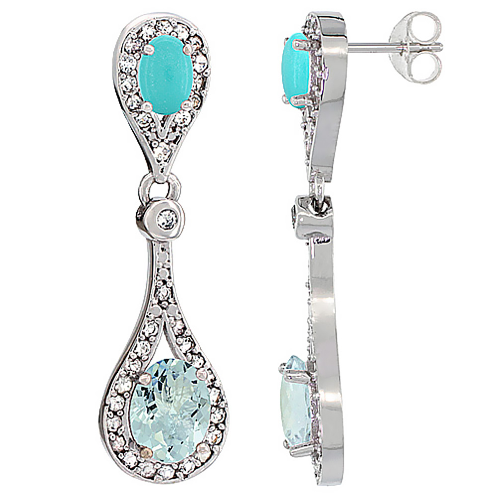 14K WHITE GOLD NATURAL AQUAMARINE & TURQUOISE OVAL DANGLING EARRINGS WHITE SAPPHIRE & DIAMOND ACCENTS, 1 3/8 INCHES LONG