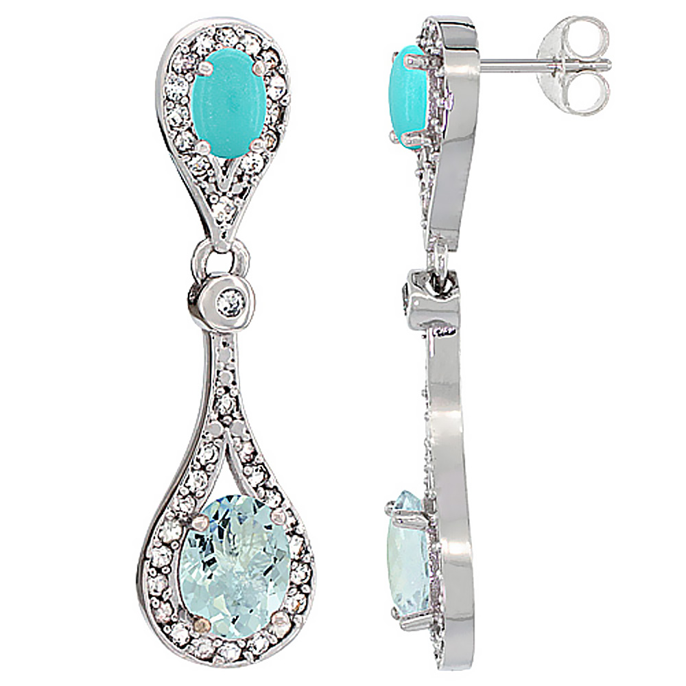 10K White Gold Natural Aquamarine & Turquoise Oval Dangling Earrings White Sapphire & Diamond Accents, 1 3/8 inches long