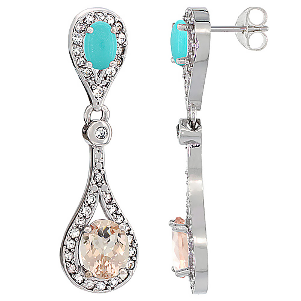 14K WHITE GOLD NATURAL MORGANITE & TURQUOISE OVAL DANGLING EARRINGS WHITE SAPPHIRE & DIAMOND ACCENTS, 1 3/8 INCHES LONG