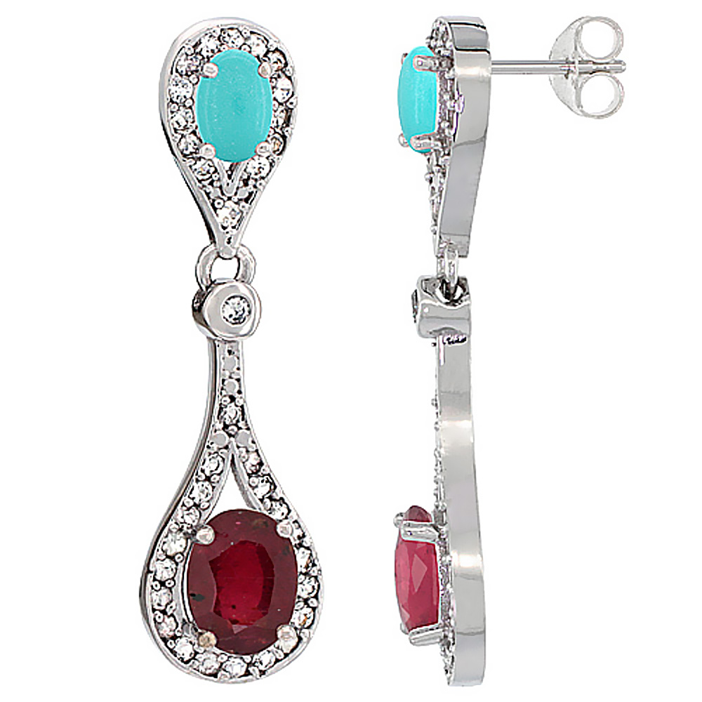 14K WHITE GOLD ENHANCED RUBY & TURQUOISE OVAL DANGLING EARRINGS WHITE SAPPHIRE & DIAMOND ACCENTS, 1 3/8 INCHES LONG