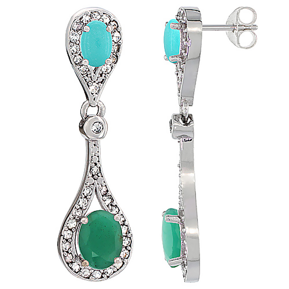 14K WHITE GOLD NATURAL EMERALD & TURQUOISE OVAL DANGLING EARRINGS WHITE SAPPHIRE & DIAMOND ACCENTS, 1 3/8 INCHES LONG