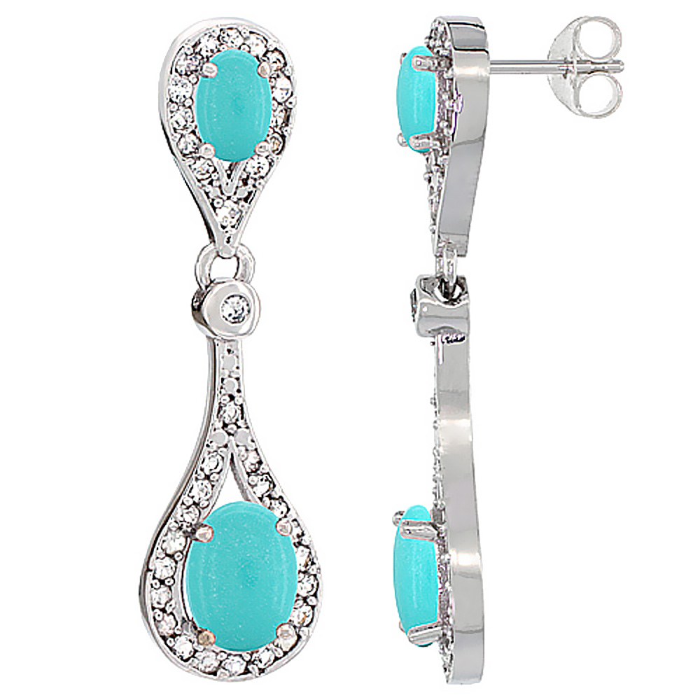 14K WHITE GOLD NATURAL TURQUOISE OVAL DANGLING EARRINGS WHITE SAPPHIRE & DIAMOND ACCENTS, 1 3/8 INCHES LONG
