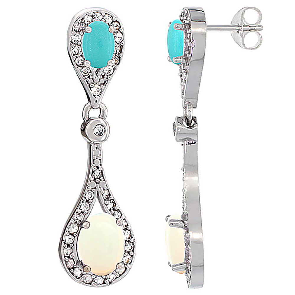 14K WHITE GOLD NATURAL OPAL & TURQUOISE OVAL DANGLING EARRINGS WHITE SAPPHIRE & DIAMOND ACCENTS, 1 3/8 INCHES LONG