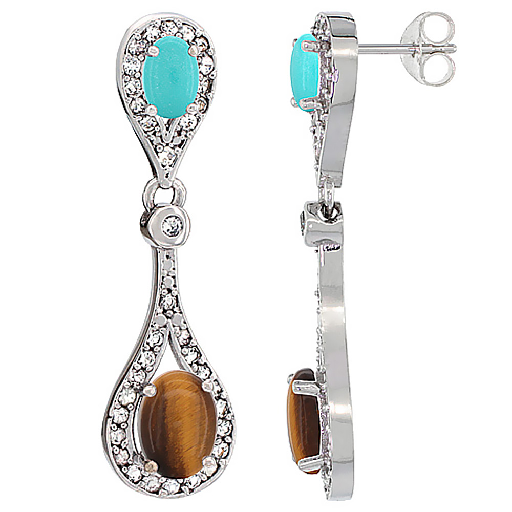 14K WHITE GOLD NATURAL TIGER EYE & TURQUOISE OVAL DANGLING EARRINGS WHITE SAPPHIRE & DIAMOND ACCENTS, 1 3/8 INCHES LONG