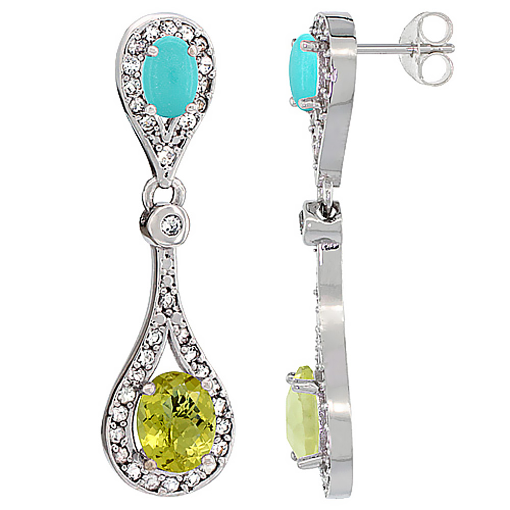 14K WHITE GOLD NATURAL LEMON QUARTZ & TURQUOISE OVAL DANGLING EARRINGS WHITE SAPPHIRE & DIAMOND ACCENTS, 1 3/8 INCHES LONG