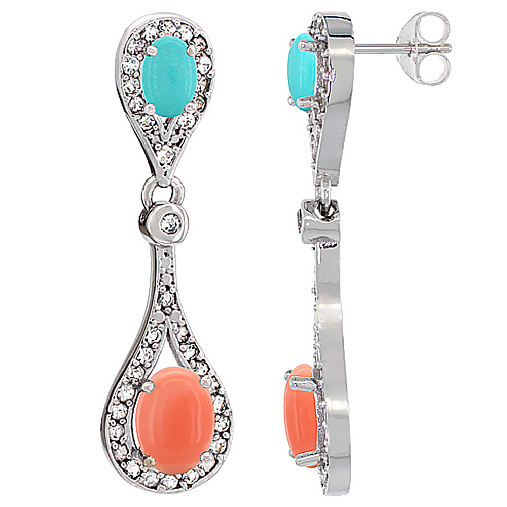 14K WHITE GOLD NATURAL CORAL & TURQUOISE OVAL DANGLING EARRINGS WHITE SAPPHIRE & DIAMOND ACCENTS, 1 3/8 INCHES LONG