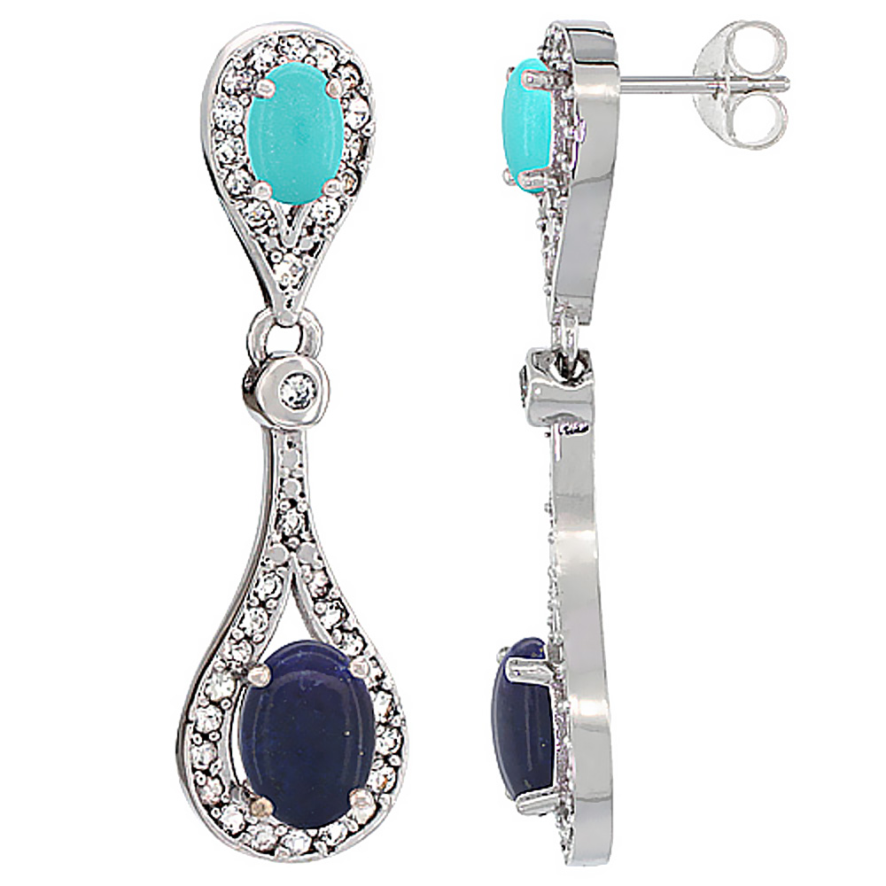 14K WHITE GOLD NATURAL LAPIS & TURQUOISE OVAL DANGLING EARRINGS WHITE SAPPHIRE & DIAMOND ACCENTS, 1 3/8 INCHES LONG