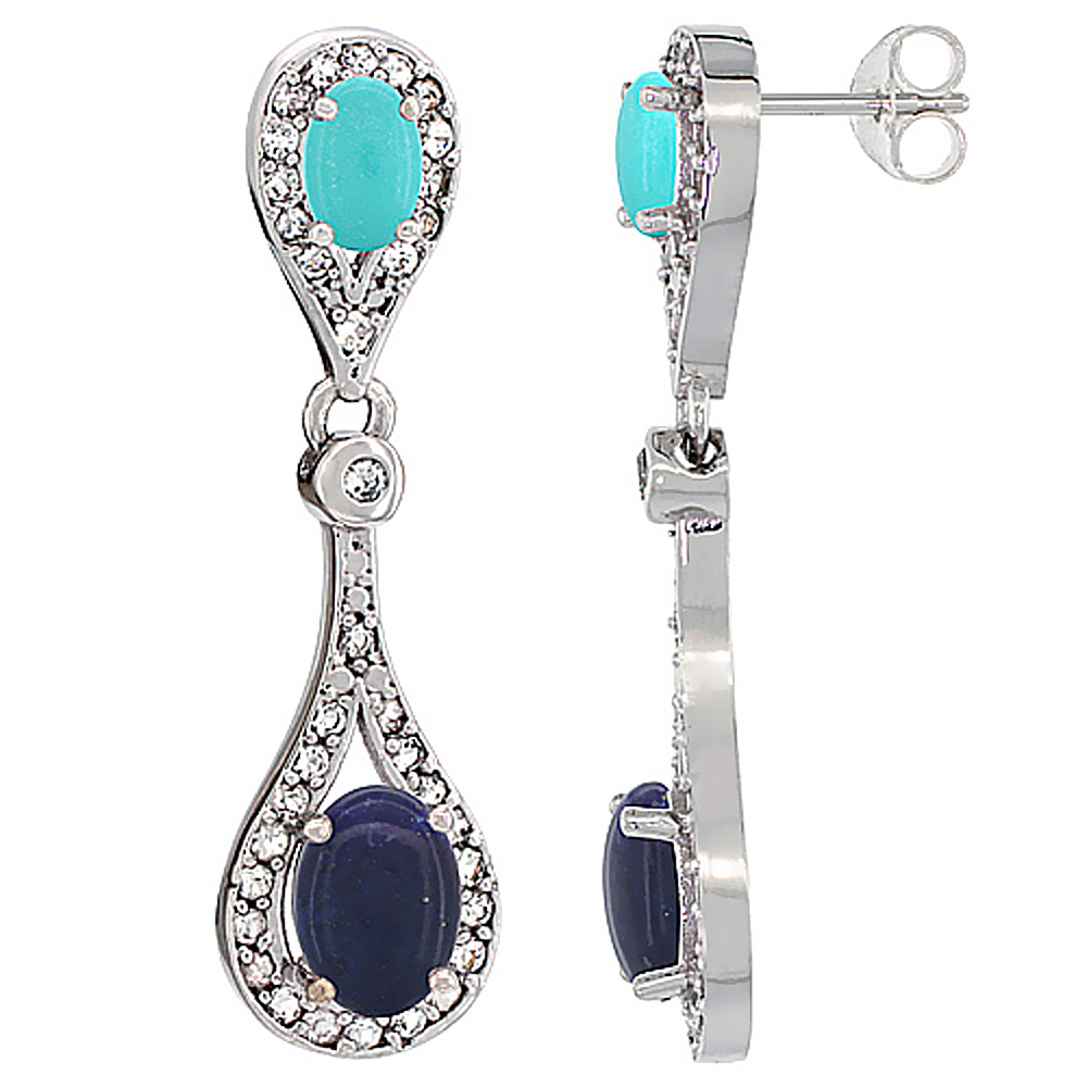 10K White Gold Natural Lapis &amp; Turquoise Oval Dangling Earrings White Sapphire &amp; Diamond Accents, 1 3/8 inches long