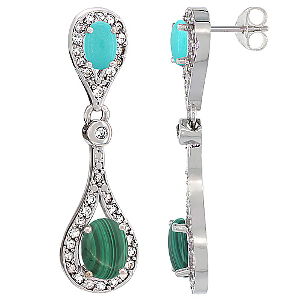 14K WHITE GOLD NATURAL MALACHITE & TURQUOISE OVAL DANGLING EARRINGS WHITE SAPPHIRE & DIAMOND ACCENTS, 1 3/8 INCHES LONG