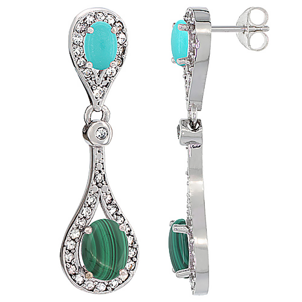 10K White Gold Natural Malachite & Turquoise Oval Dangling Earrings White Sapphire & Diamond Accents, 1 3/8 inches long