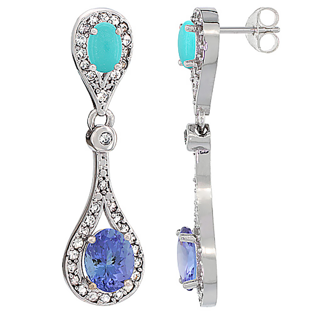 14K WHITE GOLD NATURAL TANZANITE & TURQUOISE OVAL DANGLING EARRINGS WHITE SAPPHIRE & DIAMOND ACCENTS, 1 3/8 INCHES LONG