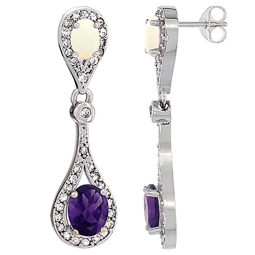 14K WHITE GOLD NATURAL AMETHYST & OPAL OVAL DANGLING EARRINGS WHITE SAPPHIRE & DIAMOND ACCENTS, 1 3/8 INCHES LONG