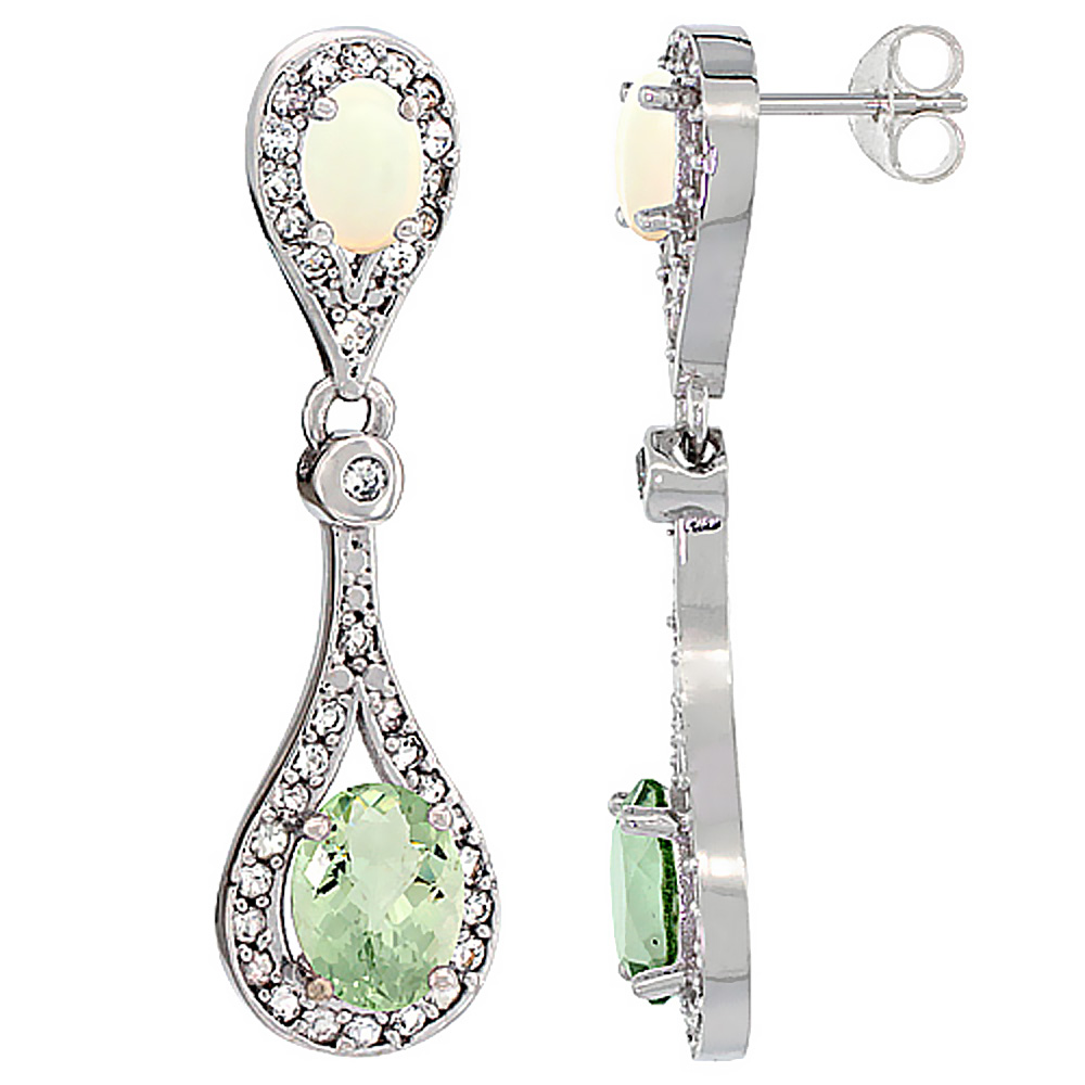 14K WHITE GOLD NATURAL GREEN AMETHYST & OPAL OVAL DANGLING EARRINGS WHITE SAPPHIRE & DIAMOND ACCENTS, 1 3/8 INCHES LONG