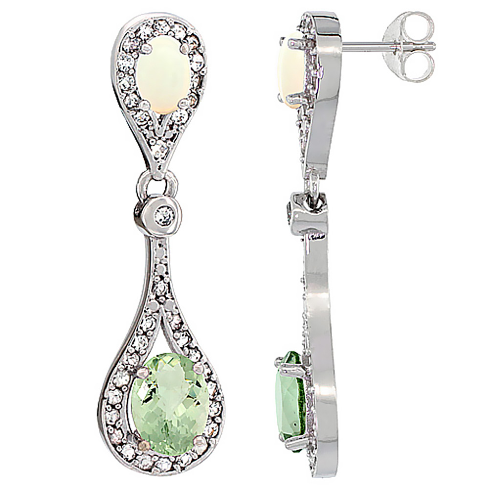 10K White Gold Natural Green Amethyst &amp; Opal Oval Dangling Earrings White Sapphire &amp; Diamond Accents, 1 3/8 inches long